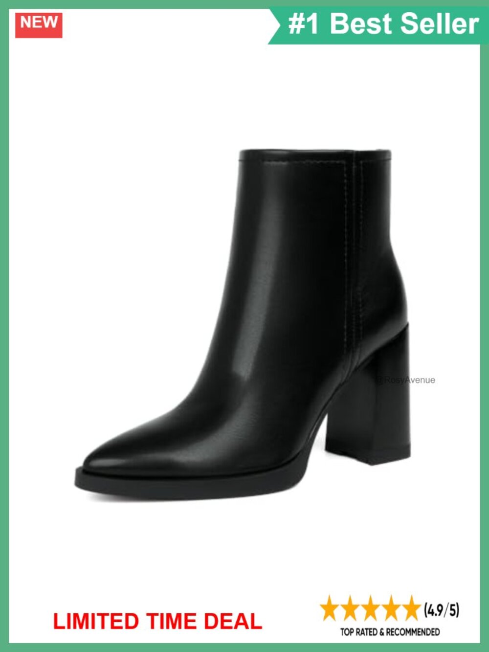 Pointed Toe Ankle Booties High Chunky Block Heel Side Zip Faux Leather